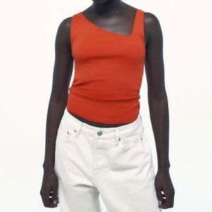 ZARA Women’s Red Asymmetrical Neckline Tank Top Stretch Jersey Size S